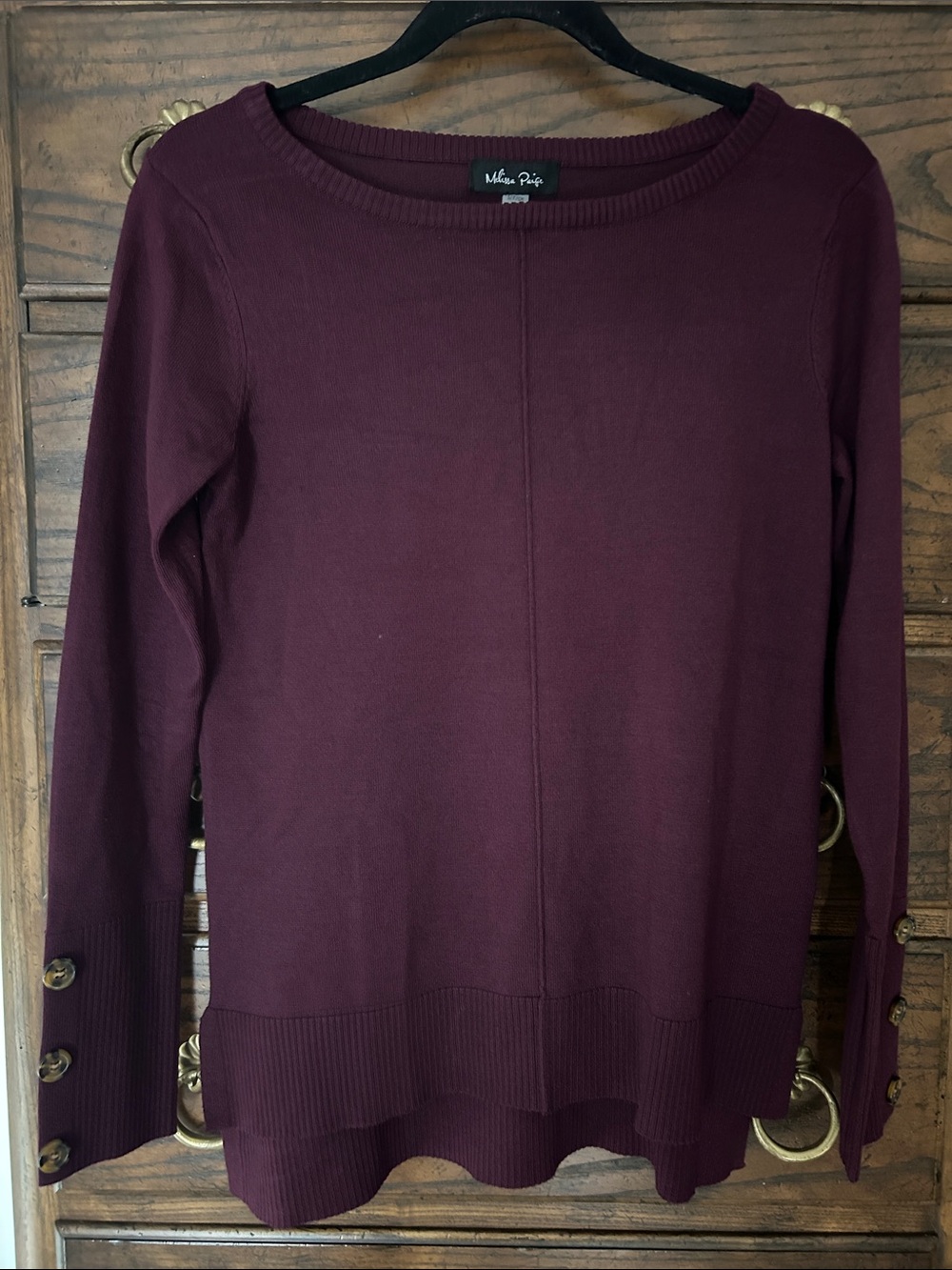 NWT Melissa Paige Burgundy Button-Cuff Crew Neck Sweater